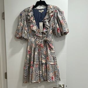 Dance & Marvel Puff Sleeve Tie Waist Tiered Fit Flare Dress